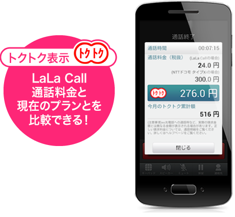 トクトク表示 LaLa Call通話料金と現在のプラントを比較できる！